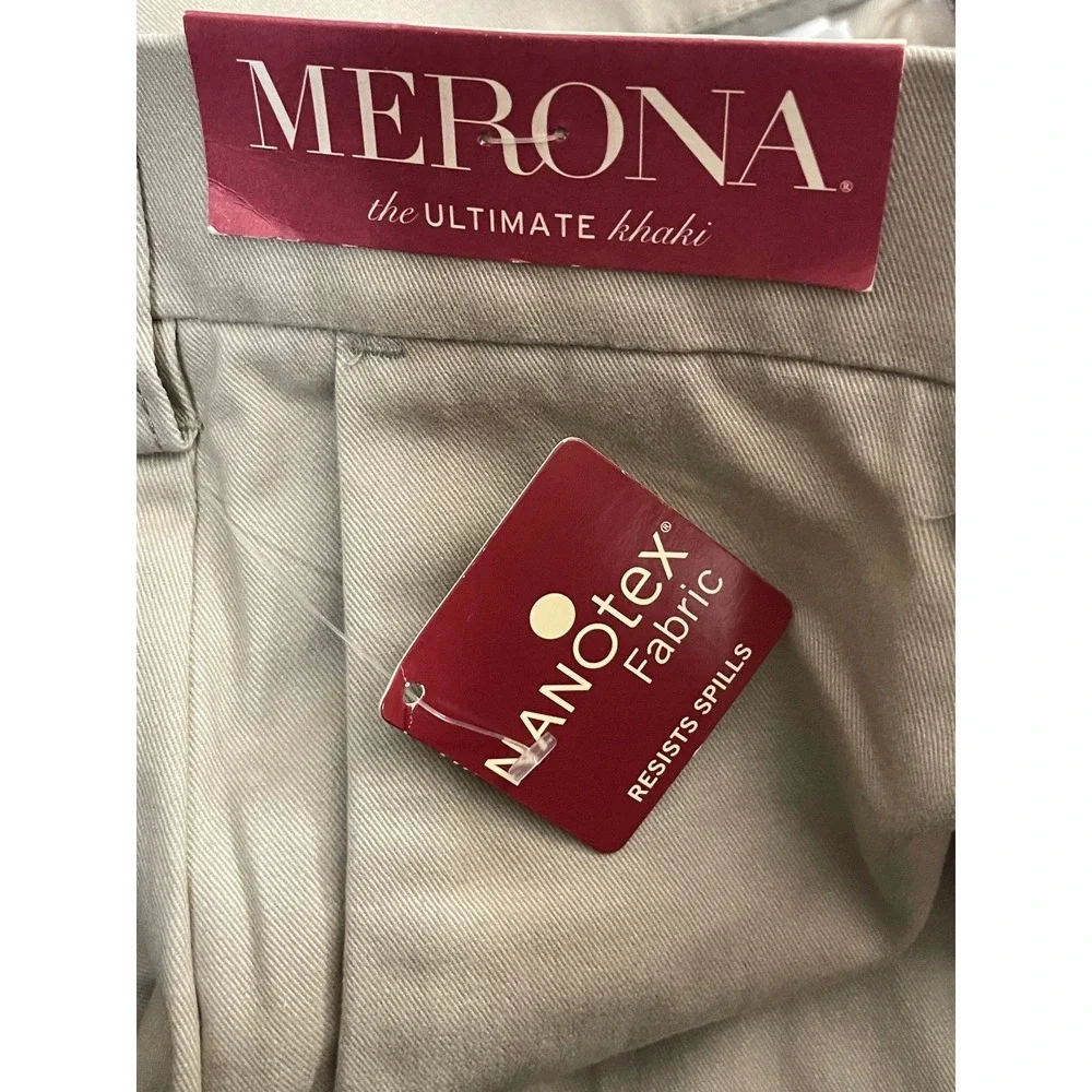 Merona Mens Ultimate Khaki Pants Tan 36x34 Nano-Tex Stain‎ Resistant Flat Front